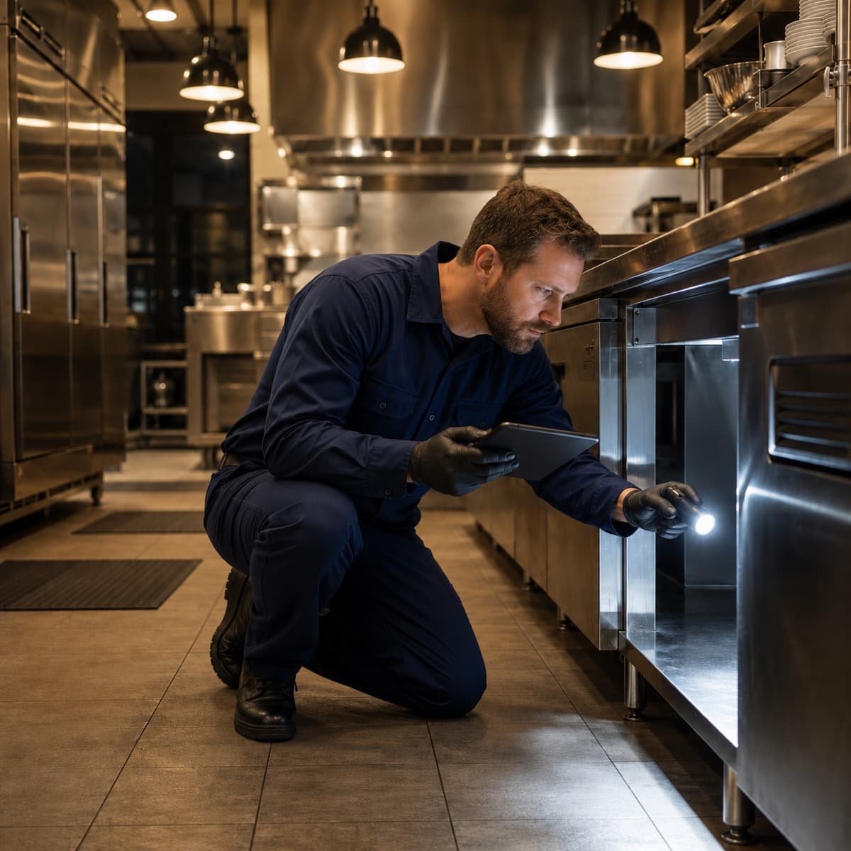 Pest control technician inspecting equipment in a commercial kitchen